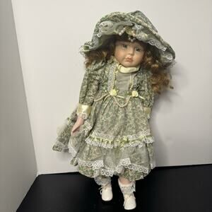 Vintage NIGC Porcelain Doll Red Hair Green Eyes Green Floral Dress and Bonnet